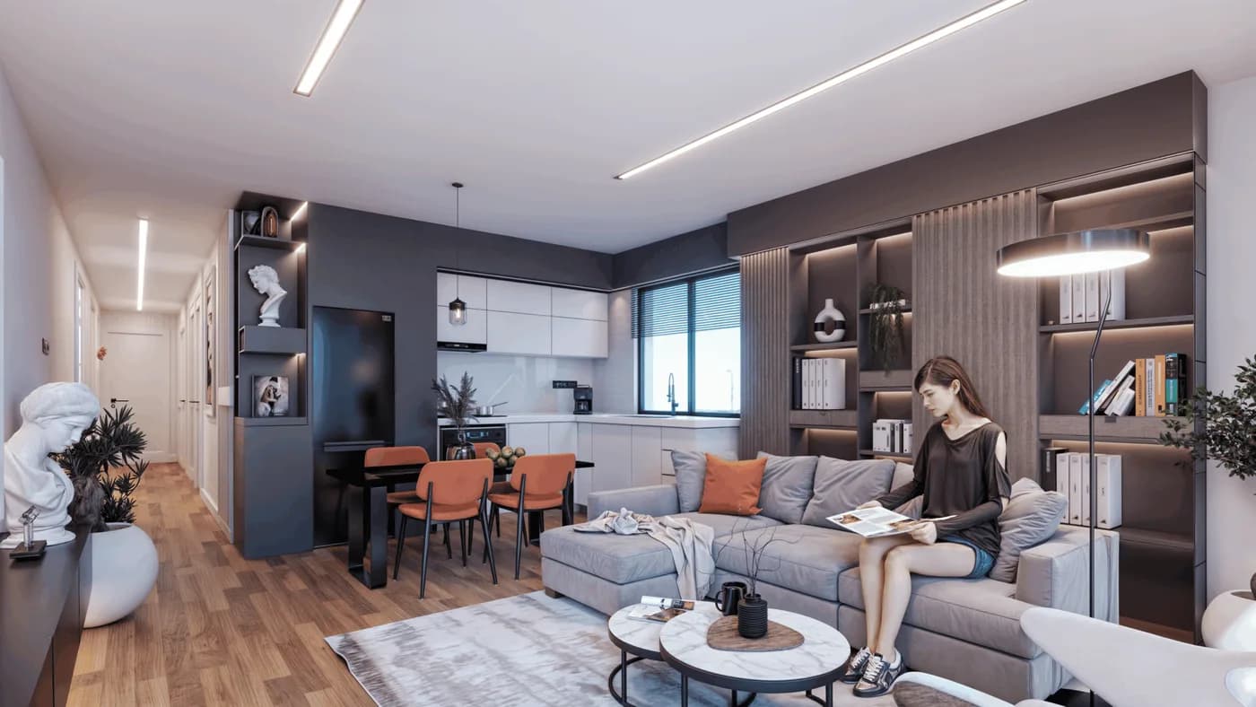 Salon w apartamencie z ogrodem GreenVille Lapta