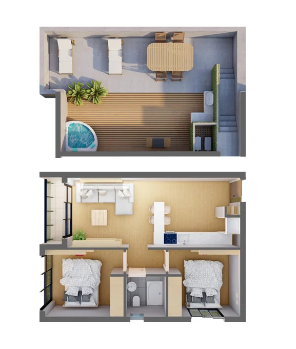 Rzut mieszkania typu 2+1 penthouse w GreenVille Lapta